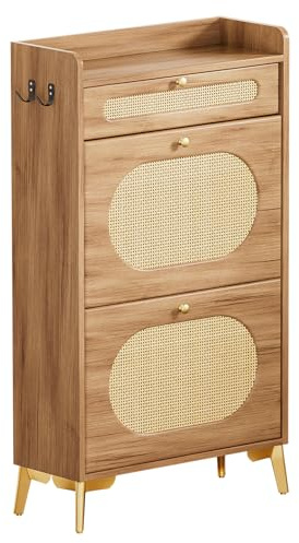 Yorbay Schmaler Schuhschrank für Flure: 2 Klappen für 8-12 Paar Schuhe | Schuhschrank in Eiche-Optik mit Rattantüren - Mit Schublade und 2 Haken - Für Flur Eingang und Zuhause