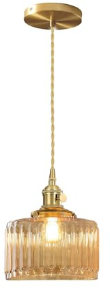 EKSED Pendelleuchte aus Messing mit vertikal gestreiftem Glasschirm, Drehschalter und goldenem geflochtenem Kabel - Zubehör für Hängeleuchte (Bernsteinfarbe Streifen)