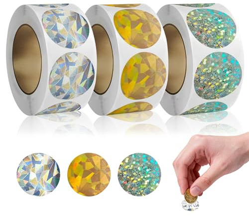 900 Stück Rubbeletiketten, CNYMANY 2,5 cm Rund Metallic Selbstklebende Etiketten zum Abziehen und Aufkleben für Spiele, Partys, Geschenke, Postkarten und Werbeaktionen – Gold, Silber, Grün