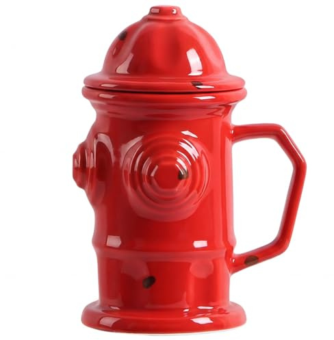 ZONSUSE Taza Hidrante con Tapa, Taza de Café de Cerámica Diseño Hidrante de Incendio, Taza Divertida y Original Regalo para Hombre, Taza Creativa Roja para Oficina Decoración Hogar 400ml (C-Rojo)