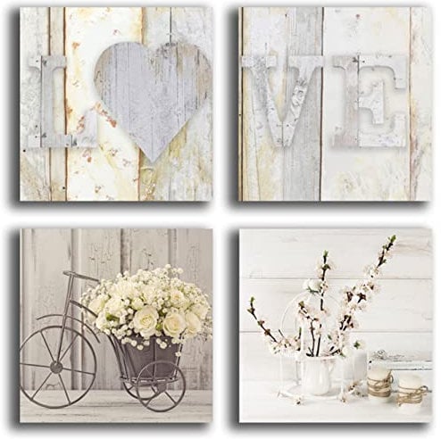 Printerland Shabby Chic Quadretti da Parete, Camera da Letto Vintage, Bicicletta Fiori 4 Pezzi, 30 x30 cm XXL, Stampa Tela Quadro, Arredamento Salotto Camera da Letto Cucina Ufficio