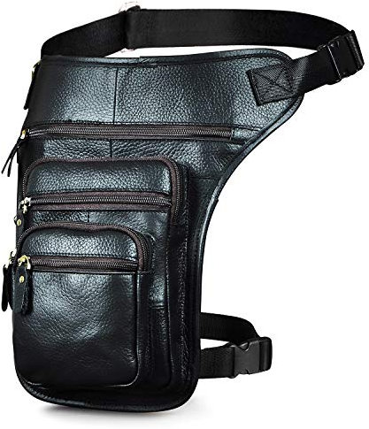 Le'aokuu Herren Echtes Leder Tasche Beinbeutel Beintasche Außenbeintasche Drop Leg Thigh Bag Messenger Bag 3111 (3111 Schwarz)