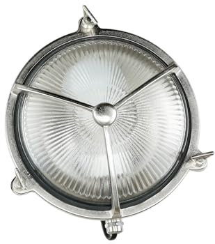 Licht-Erlebnisse Outdoor Wandlampe Messing Glas in Nickel IP64 Terrasse Balkon Ø21 cm rund E27 Riffel Nostalgie Maritime Außenlampe Garten KARPAHTOS