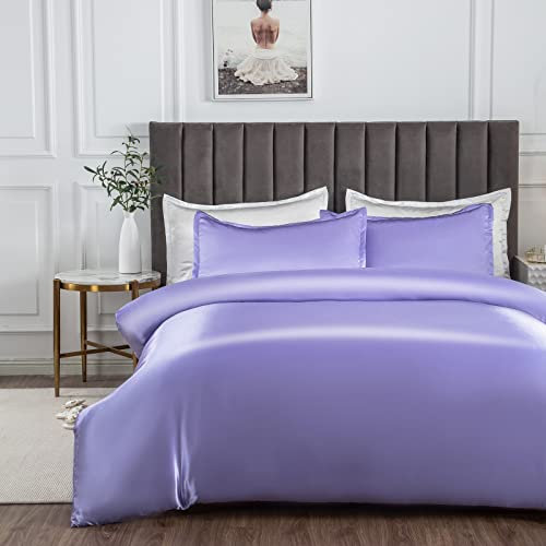 Morbuy Silk Satin Double Duvet Cover with 2 Pillowcases, Purple Bedding Set Easy Care Duvet Cover Set with Zipper Closure - Luxury Ultra Soft Quilt Cover 3 Piece - 200x200cm