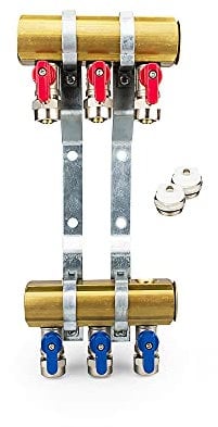 Messing Heizkreisverteiler 3 Heizkreise Set mit 6 x PEX Kugelhahn mit Klemmring 16mm x 1/2 AG & 2 x Entlüfter & 2 x Blindstopfen 1 Zoll | Systemverteiler Zentralheizung 2-12 Fach Verteiler Heizung