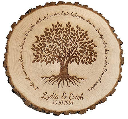 SNEG Baumscheibe mit Lebensbaum Motiv & persönlicher Gravur | Geschenk zum Jahrestag oder Hochzeit (32-35 cm Durchmesser)