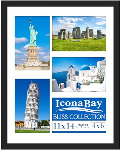 Icona Bay - 14x11 Black Collage Picture Frame with Removable Mat for Five 6x4 Photos - Modern Style Engineered Wood Frame - Wall Mount Only - Bliss Collection