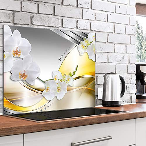 murando Spritzschutz Glas für Küche 80x60 cm Küchenrückwand Küchenspritzschutz Fliesenschutz Glasbild Dekoglas Küchenspiegel Glasrückwand Abstrakt Orchidee Blumen - b-C-0636-aq-e