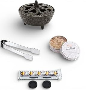 Incense Burner Kit with Fresh Copal Incense, Cast Iron Burner, Charcoal and Tongs - Complete System
