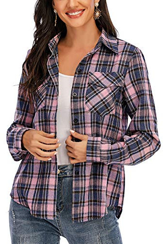 Enjoyoself Chemisier Carreaux Femme Chemise Bucheron Western 100% Coton Décontractée Classique Retro Ecossaise Coton Flanelle Blouse Gilet T Shirt Casual Vintage,M,Rose Violet