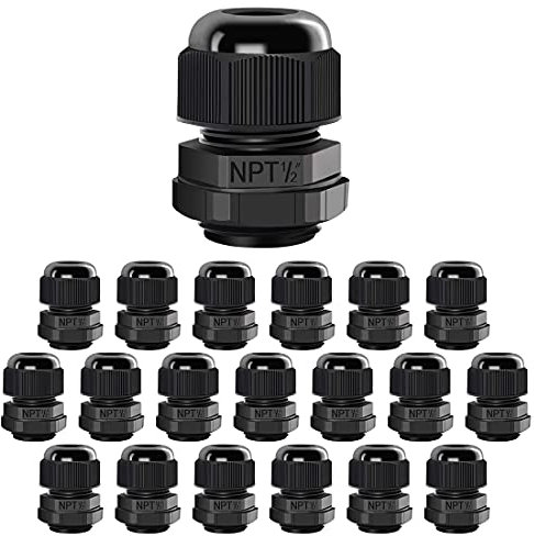 LeMotech 20 Pack NPT 1/2 Cable Glands Waterproof Adjustable 6-12mm Cable Connectors Black Nylon Joints with Gaskets