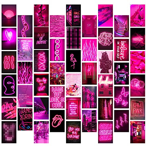 50 x rosa neonästhetische Wand-Collagen-Kit, Wandkunst-Collagen-Kit, ästhetische Poster für Schlafsaal-Wanddekoration, Wandkunstdruck für VSCO-Mädchen, ästhetisches Foto