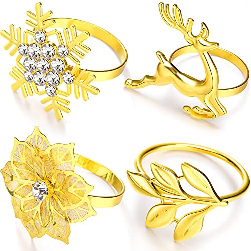 8 Stücke Weihnachten Serviettenringe Metall Blatt Serviettenringe Halter Weihnachten Schneeflocke Servietten Schnalle Strass Elch Serviettenhalter Blume Abendessen Tischringe (Gold)