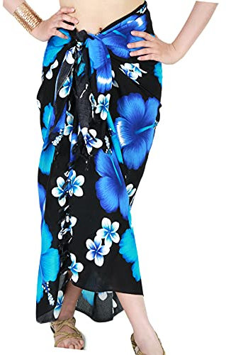 CHAINUPON Womens Beach Pareos Sarong Sheer Long Swimsuit Cover Ups Bikini Wrap Skirt (Black Blue Flower)