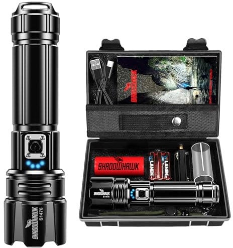 Shadowhawk Lampe Torche LED Ultra Puissante, 500000 Lumens Lampe de Poche Rechargeable avec Batterie 5000mAh, Lampe Tactique XHP70.2, IP67 Étanche 5 Modes D'éclairage pour Camping Randonnée Urgence