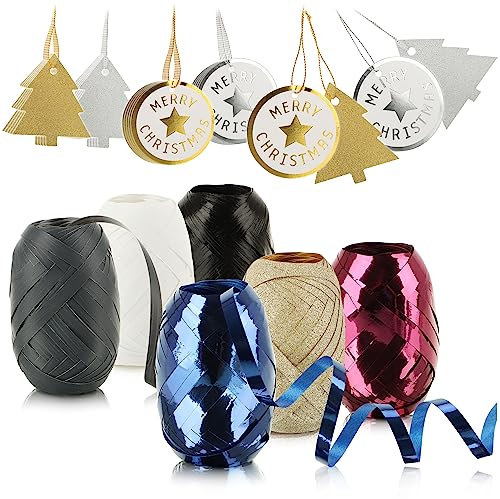 com-four® 30-teiliges Verpackungsdekoset - Geschenkbänder und Geschenkanhänger zum Verpacken und Dekorieren - Deko-Ringelbänder und Anhänger zum Beschriften