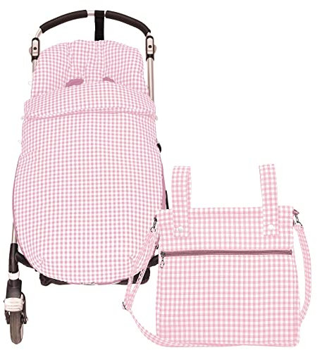 Conjunto Saco Silla de paseo Universal + Panera – Conjunto Saco Universal + Talega para silla de paseo – Vichy – Handmade – Nenel (Rosa)