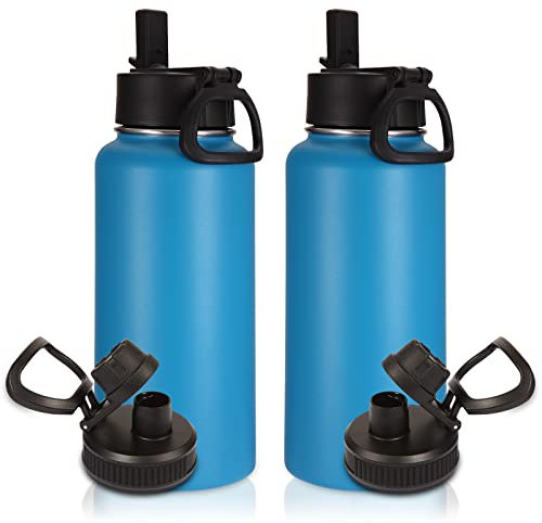 Volhoply 1L Botellas Agua Acero Inoxidable con Tapa de Paja 2 paquetes,Botella de Deporte Aislada con Dos Tapas, Termo de Agua de Metal de Doble Pared con Boca Ancha para Escuela(Azul Pálido,2 Set)