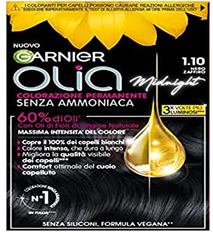 Garnier Olia Midnight Haarfarbe, permanente Färbung ohne Ammoniak, zarter Duft, deckt 100% weißes Haar ab, mit natürlichen Blütenölen natürlichen Ursprungs, vegane Formel, Saphirschwarz