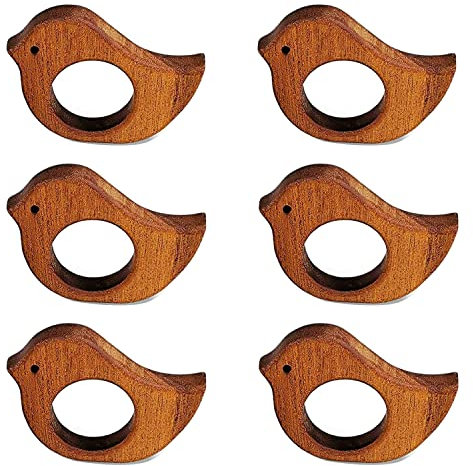 Serviettenringe mit Vogelmotiv, Vintage-Stil, Landhaus-Stil, Tier, Vogel, Serviettenringhalter für Esszimmer, Tischdekoration, Set mit 6 Stück, Bauernhaus-Chic Holzserviettenhalter für Frühling