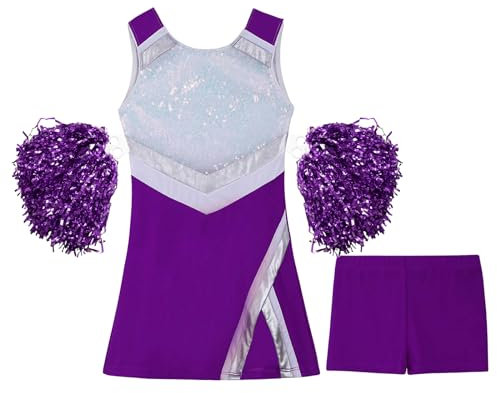 Jowowha Mädchen Cheer Leader Cheerleading Kostüm Schulmädchen Kleid mit Pompoms Shorts Halloween Karneval Fasching Tanzkleid Lila 134-140