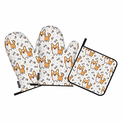 Samgula Ofenhandschuhe und Topflappen für Hunde, niedliches Tierjunges, fröhlicher Welpe, verspielt, hitzebeständig, 3-teilig, zum Kochen, Backen, Grillen