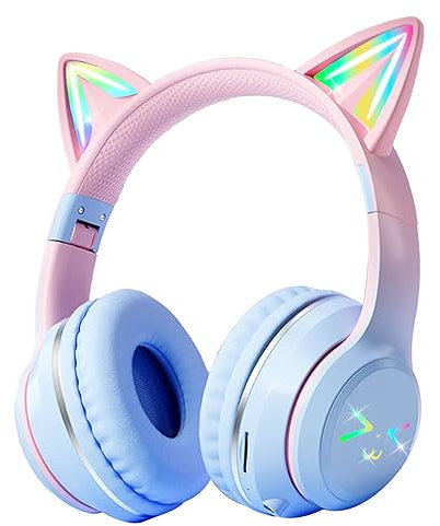 PANOONA Bluetooth Kopfhörer Kinder,Katzenohren Faltbare Mädchen Kopfhörer Over Ear, Kinderkopfhörer Bluetooth Kabellos mit LED-licht Katzenohren und Mikrofon für Schule/Tablet/Handy/PC (Blau) (Rosa)