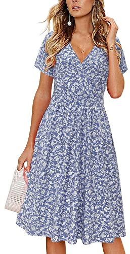 VOTEPRETTY Women's Short Sleeve V Neck Wrap Spring Summer Dress Casual Floral Sundress with Pockets(Floral22,L)