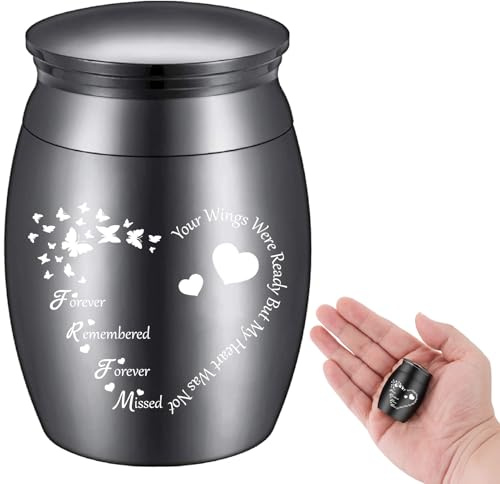CREATCABIN Kleine Andenkenurne Mini-Urnen Für Asche Schmetterlingsherz Miniatur-Beerdigung Beerdigung Behälter Einmachglas Gravur Edelstahl Für Menschliche Familie Freunde Denkmal Schwarz 40x30mm