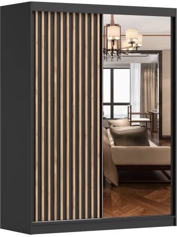 Fabryka Mebli Idźczak Kleiderschrank mit Spiegel, Lamellen, Schiebetüren - Schwebetürenschrank, Schlafzimmerschrank - 61 x 150 x 200 cm - Schwarzer Schrank für Schlafzimmer, Garderobe - Modern