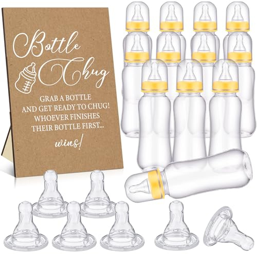 TrelaCo 12 Pcs Baby Shower Games Bottles Chug Rustic Kraft Wooden Sign