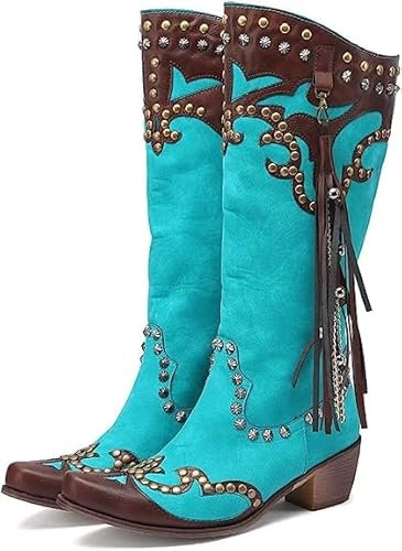 CRETUAO Stivali Alti al Ginocchio da Cowboy Ricamati da Donna,Stivali Western da Cowgirl con Tacco Basso alla Moda,Stivali Lunghi da Sposa Casual retrò da Equitazione,Blu,39 EU