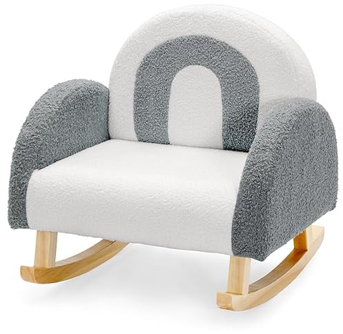 GOPLUS Kindersessel, Kindersofa Schaukelsessel aus Veloursstoff mit Rückenlehne & Massivholzbeinen, gepolsterter Kinderstuhl für Kinderzimmer Spielzimmer, für Kinder 3-5 Jahre (Grau)
