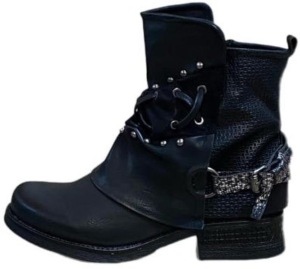 Damen Stiefeletten Biker Boots - Stiefel mit Nieten Blockabsatz - bequeme Herbst Winter Frauen Schuhe Schnallen ST07 Schwarz 37