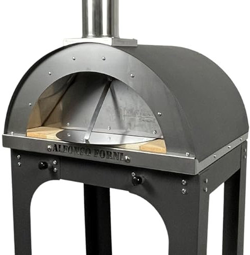 Forno a legna da esterno Per Pizza, Pane, focaccia - Alfonso 2 Pizze Con Carrello Antracite, in mattoni refrattari, portina acciaio inox e pirometro 500 gradi - cottura diretta - Made In Italy