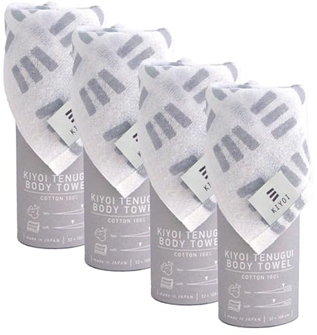 IPPINKA Japanisches Tenugui Körperwaschlappen, 100 % Baumwolle, 32 x 100 cm, Grau, hergestellt in Japan, 4 Stück