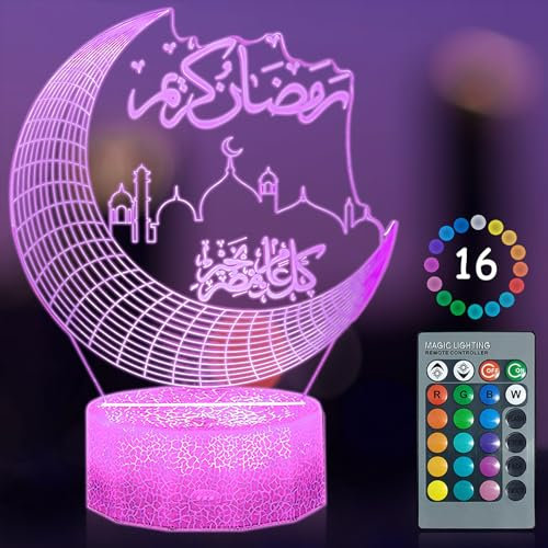 TOPJOWGA Mubarak Ramadan LED DIY Lampe, Eid Dekorationen Mond Stern Nachtlichter, 3D 16 Farben Ramadan Mondlampe Farbwechsellampe, Eid Ramadan Dekorative Fee Licht, Islam Mubarak Dekoration LED Lamp