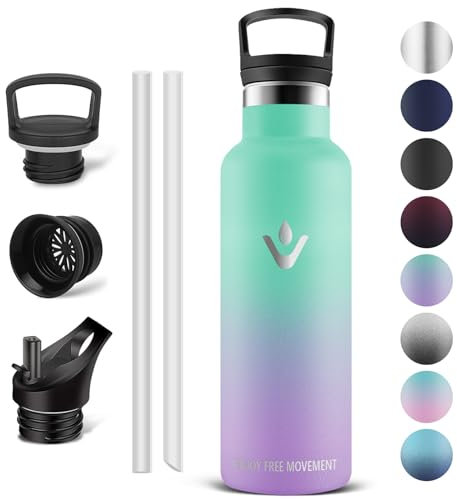 Vikaster Water bottle - Thermos 0.5l, Gourde Avec Paille, Gourdes Sans BPA, Gourde Enfant & Adulte pour Sport, école, Bureau, Gym, Voyage, Vert Clair - Violet Clair