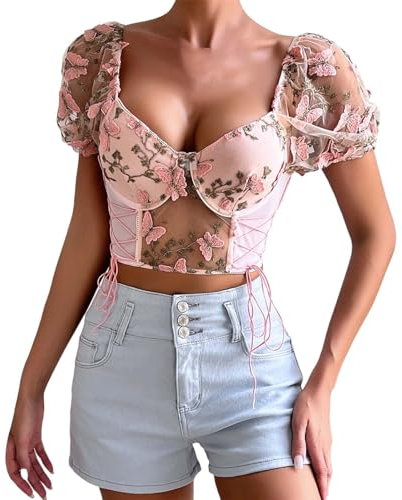 Womens Crop Tops V Neck Sheer Mesh Short Sleeve Blouse Embroidered Open Back Going Out y2k Tees Loose Fit Basic Tops A-119