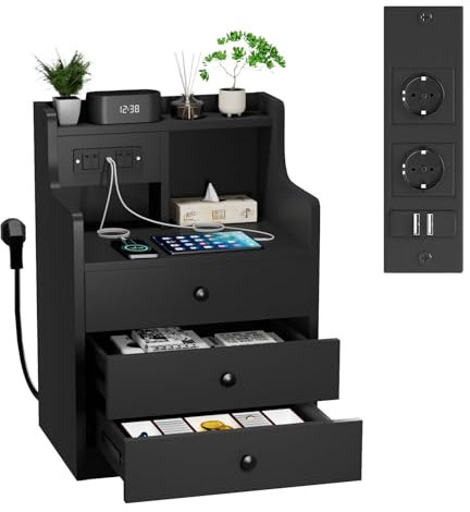 Rcynview Nachttisch Schwarz mit Steckdose Beistelltisch Holz Nachtschrank Nachtkästchen Sofatisch 3 Schubladen zur Aufbewahrung 45x35x68cm Nachttisch für Wohnzimmer Schlafzimmer