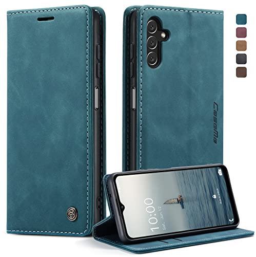 owlhold Handyhülle für Samsung Galaxy A14 4G/5G Hülle, Premium Lederhülle Weiches Vintage-Nubukleder Faltbare Ständer Klapphülle Kartenfach Standfunktion stoßfest Schutzhülle -Blaugrün