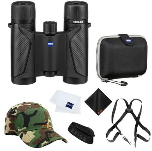 Zeiss 8x25 Terra ED Compact Binoculars For Bird Watching (Black) with Waith Binocular Comfort Carrying Harness Strap, Adjustable Camo Baseball Hat and Waith Microfiber Lens Cleaning Cloth (Bundle Set)