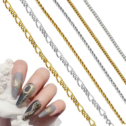 Nail Chain, 6 Strips Gold Silver Metal Nail Art Chains 3D Nail Charms Punk Nail Studs Nail Art Decorations for Manicure Design DIY Crafts (Gold+Silver B)