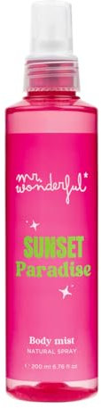 MR WONDERFUL - Bruma Corporal Perfumada Sunset Paradise 200 ml, Body Mist, Aroma Floral Frutal, Fragancia Fresca, de Larga Duración, Fácil de Aplicar, Secado Rápido, Formato Spray