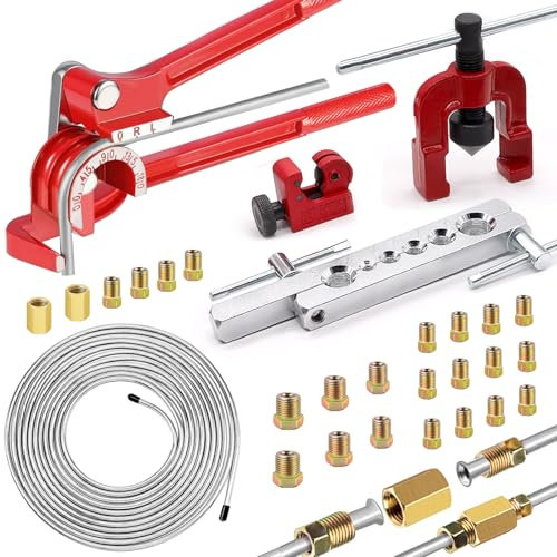 mxuteuk Il kit di tubi del freno da 3/16 include 25 m, tubi del freno zincati con raccordi (16 pezzi, 2 pezzi Union + 4 dadi), piegatrice per tubi del freno, strumento singolo per flare, cutter da