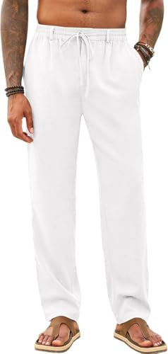 Runcati Herren Hose Lang Bügelleicht Freizeithose Männer Leicht Sommerhose Strand Yogahose mit Taschen Elastischer Bund, Weiß, XL