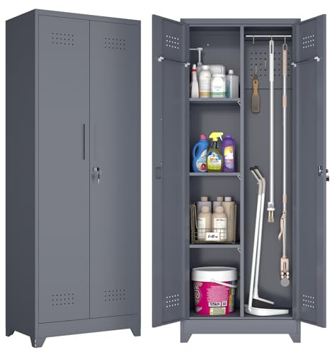 GREATMEET Broom Closet, Broom Closet Storage Cabinet, Metal Storage Cabinet with Doors, Pegboard and Hanging Rod, Cleaning Supplies Closet for Bathroom, 165cm