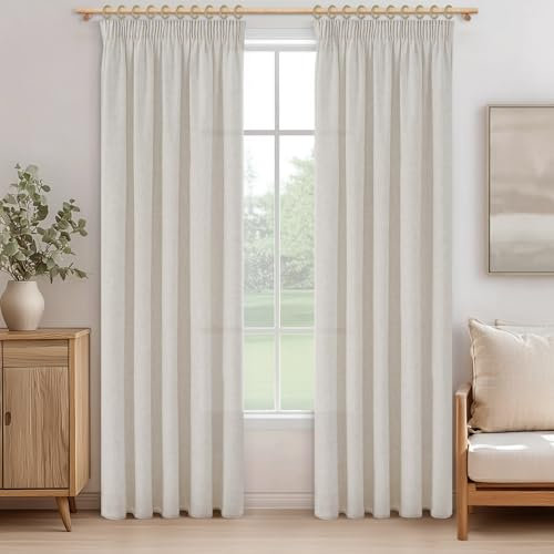 MRTREES Vorhang mit Kräuselband Leinenoptik Halbtransparent Elfenbeinweiß für Kinderzimmer, Gardinen Leinen Landhausstil 245 cm Lang 140 cm Breit für Wohnzimmer Schlafzimmer 2er Set