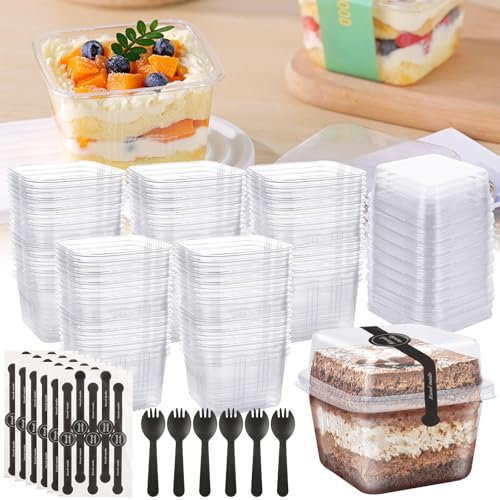 Oungy 100Pcs Dessert Cups with Lids, 300ml/10oz Plastic Dessert Cups with Spoons, Clear Dessert Appetizer Cup Plastic Reusable Dessert Cup for Serving Desserts, Appetizers, Mousse