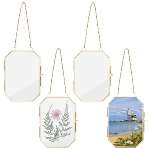 OLYCRAFT 4Pcs Cadre Photo Mural à Suspendre 16.5x10.7cm Double Cadre Photo en Verre avec Chaîne Cadre Octogonal en Laiton Cadres D'Affichage D'Œuvres pour Fleurs Pressées Photos Murales